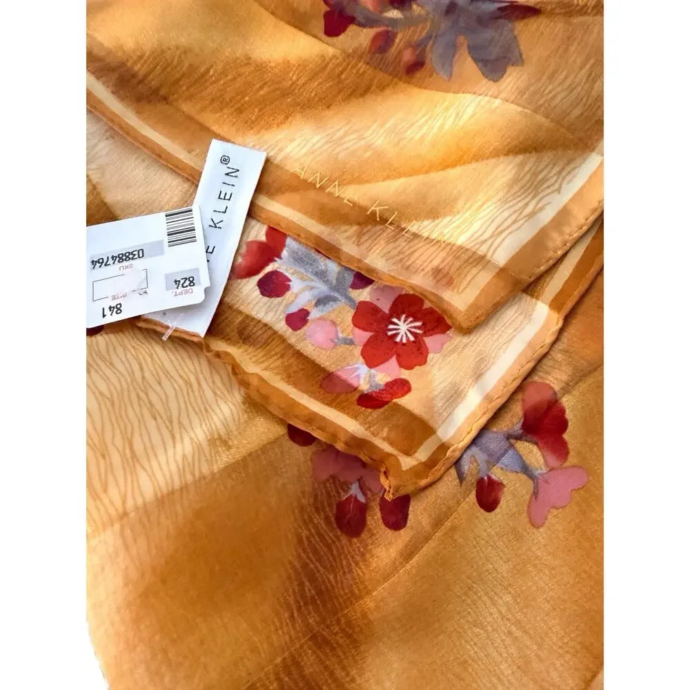 Vintage Anne Klein Silk Floral Scarf NWT Gold Cherry Blossom Square 34x34